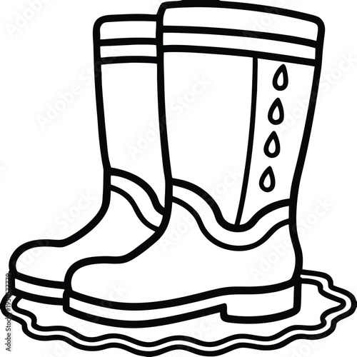 A simple black and white line art illustration of a pair of waterproof rubber rain boots in mud