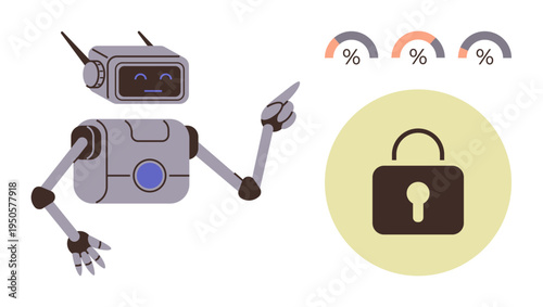 Cybersecurity, data protection, AI, automation, network security, information privacy. Robot pointing to a lock with analytics diagrams. Cybersecurity and data protection concept