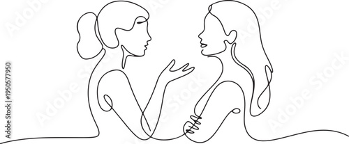 continuous single drawn one line two girlfriends talking hand-drawn picture silhouette. Line art. one line Icon drawing