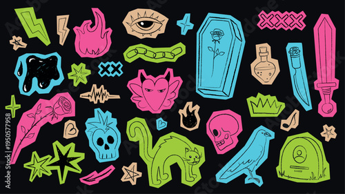 Scrapbook punk stickers set in scribble grunge design with cutout edges. Doodle bundle with lightning, fire, star, chains, cross, sword, knife, coffin, rose, poison, sculls, more. Vector illustration
