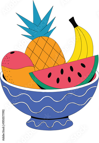 A vibrant digital illustration of a blue bowl filled with a variety of fresh tropical fruit pieces