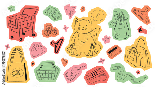 Scrapbook shopping stickers set in scribble grunge design with cutout edges. Doodle bundle with supermarket cart, money, cat buyer with bags, discount price, grocery store, more. Vector illustration
