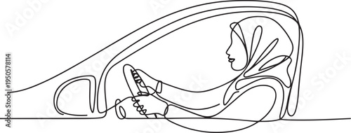 one line continuous painted muslim woman driving a car drawn by hand silhouette picture. Line art. one line Icon drawing