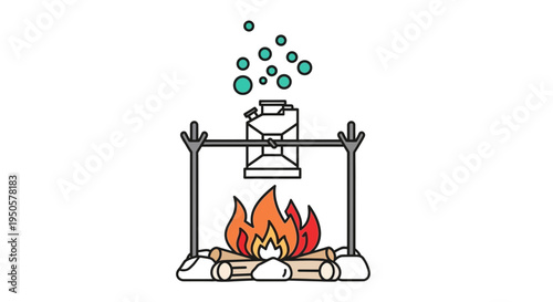 Campfire with kettle on tripod.