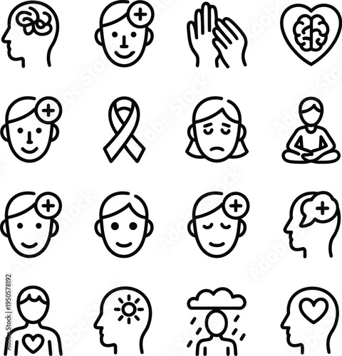 Human brain icon set, black and white vector icons in solid and outline style representing cognitive functions, mental health, and scientific illustration for professional use.