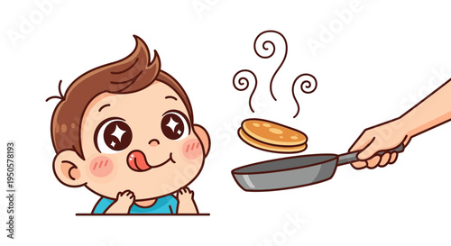 Cartoon boy looking at pancake being served.