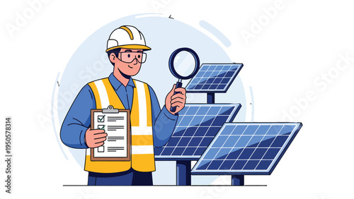 Solar Panel Inspector: An illustrated inspector rigorously examines a solar panel array. He embodies precision and quality assurance in renewable energy.
