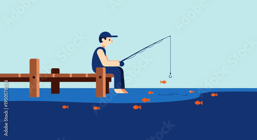 Man Sitting and Fishing Outdoors Alone.