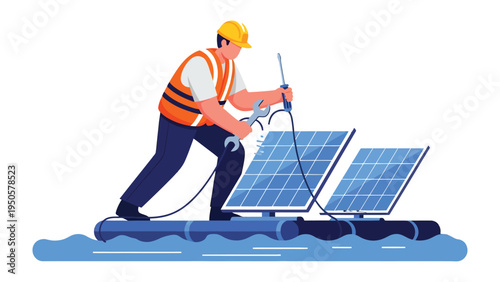 Solar Panel Installation: A skilled technician, equipped with necessary tools, diligently installs solar panels on a floating platform.