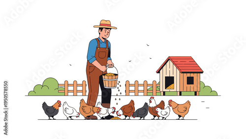 Farmer Feeding Chickens Coop.