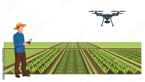 Farmer Operating Drone Over Crops.