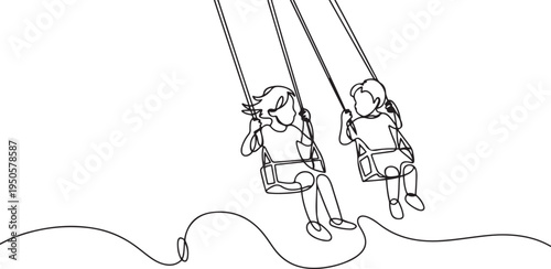 continuous single drawn one line children swing on a swing drawn by hand picture silhouette. Line art. character kids in the playground. one line Icon drawing