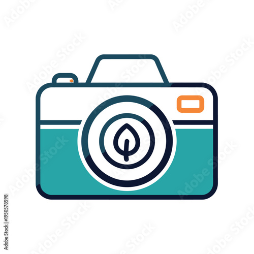 Nature photography camera with a leaf symbol in the lens, eco-friendly digital camera icon