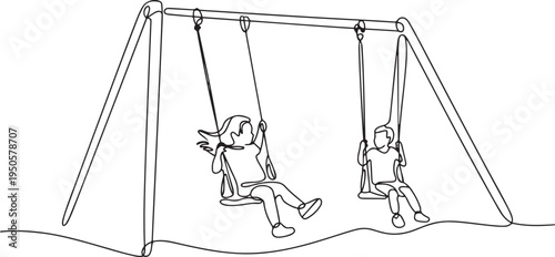 continuous single drawn one line children swing on a swing drawn by hand picture silhouette. Line art. character kids in the playground. one line Icon drawing