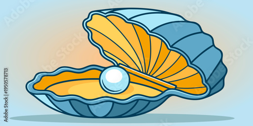 Minimal vector illustration of a pearl inside an open seashell representing luxury jewelry, elegance, natural beauty, ocean treasure, feminine fashion concept, and premium accessory branding.