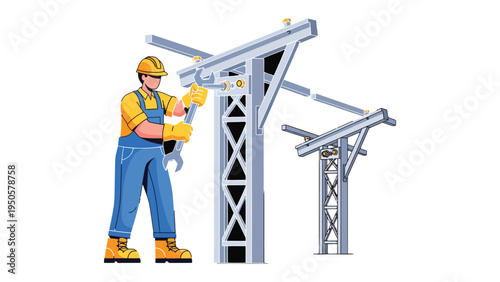 Technician at Work on Structure: A skilled technician, clad in safety attire, meticulously works on a metallic structure with precision, showcasing the dedication of labor and infrastructure.