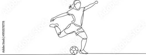 one continuous drawn line of a woman soccer player from a hand picture silhouette. Line art. character of a woman hitting the ball. one line Icon drawing