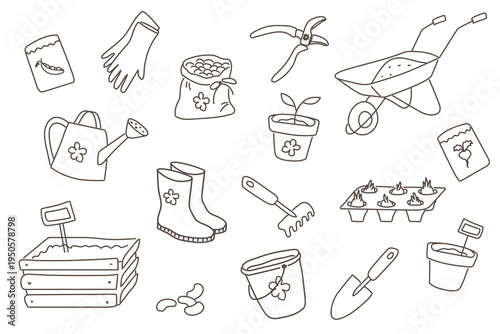 Gardening Tools Doodle Icon Set with Watering Can Pruners Wheelbarrow Gloves Boots and Garden Equipment Hand Drawn Outline Collection