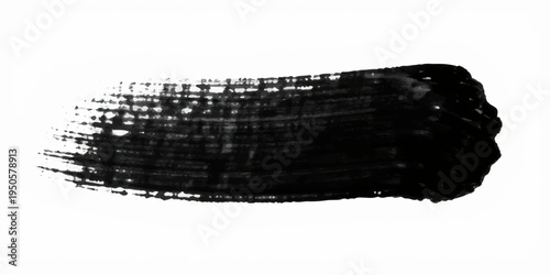 Minimalist abstract black ink brush stroke, wide horizontal paint smear, rough textured edges, dry brush effect, grunge paint streak isolated on a clean white background, high contrast, modern design.