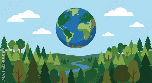 Planet Earth globe hovering over a lush green forest landscape with tall pine trees and a winding river under a cloudy sky to promote environmental conservation.