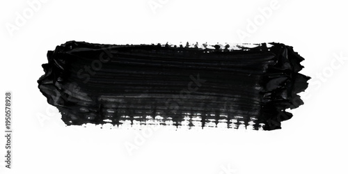 Minimalist abstract black ink brush stroke, wide horizontal paint smear, rough textured edges, dry brush effect, grunge paint streak isolated on a clean white background, high contrast, modern design.