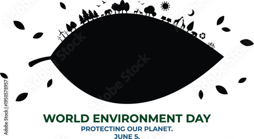 World Environment Day concept with a leaf silhouette featuring wild animals trees and wind turbines to promote protecting our planet and nature ecology awareness.