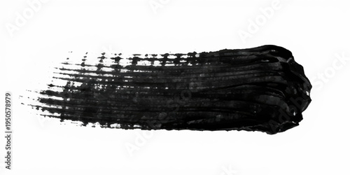 Minimalist abstract black ink brush stroke, wide horizontal paint smear, rough textured edges, dry brush effect, grunge paint streak isolated on a clean white background, high contrast, modern design.