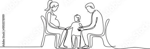 one continuous drawn line pregnant woman family at a doctor's reception painted by hand silhouette picture. Line art. character woman at a doctor's appointment. one line Icon drawing