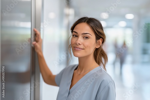 Free Download Confident female doctor smiling in a hospital hallway. Portrait of a professional nurse in blue scrubs. Healthcare and medical services concept with copy space - GFXLoad