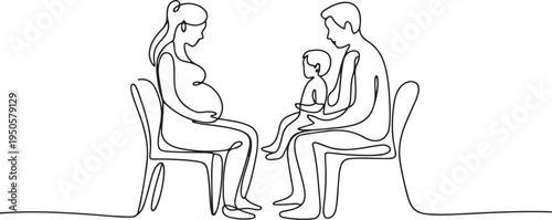 one continuous drawn line pregnant woman family at a doctor's reception painted by hand silhouette picture. Line art. character woman at a doctor's appointment. one line Icon drawing