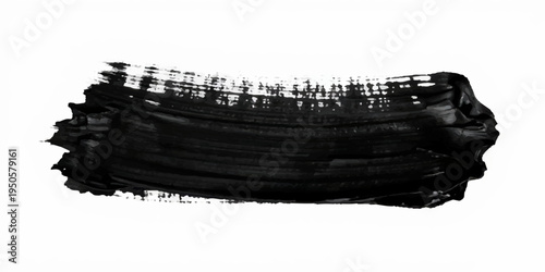 Minimalist abstract black ink brush stroke, wide horizontal paint smear, rough textured edges, dry brush effect, grunge paint streak isolated on a clean white background, high contrast, modern design.