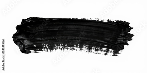 Minimalist abstract black ink brush stroke, wide horizontal paint smear, rough textured edges, dry brush effect, grunge paint streak isolated on a clean white background, high contrast, modern design.