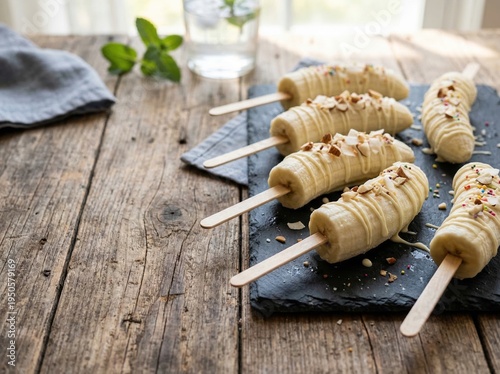 Frozen Bananas with White Chocolate Drizzle on a Rustic Wood Surface