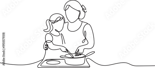 continuous single drawn one line mom with daughter cooking food hand-drawn picture silhouette. Line art. one line Icon drawing