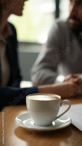 White coffee cup with saucer on wooden table, in focus, with two people having a blurred business discussion in the background. Warm light and casual atmosphere, suitable for office or café themes.
