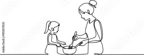 continuous single drawn one line mom with daughter cooking food hand-drawn picture silhouette. Line art. one line Icon drawing