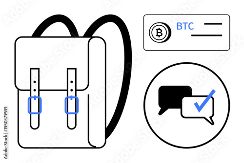 Backpack with blue straps, Bitcoin wallet concept, speech bubbles with checkmark. Ideal for finance, technology, education, digital security, travel communication blockchain. Simple flat metaphor