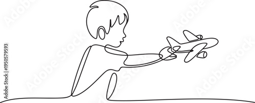 one continuous drawn line of a boy with an airplane drawn from the hand picture silhouette. Line art. character boy playing with airplane. one line Icon drawing