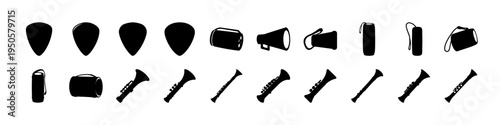 Guitar Pick and Hammer Tool Silhouette Icons - Black silhouette icon set featuring guitar picks, megaphones, spray cans, and multiple hammer tools isolated on white background.