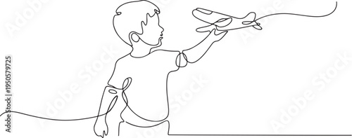 one continuous drawn line of a boy with an airplane drawn from the hand picture silhouette. Line art. character boy playing with airplane. one line Icon drawing