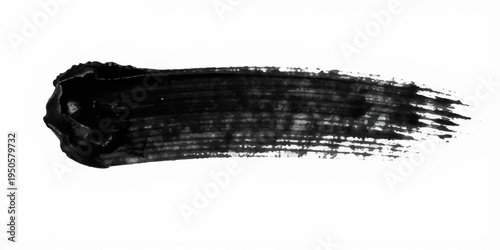 Minimalist abstract black ink brush stroke, wide horizontal paint smear, rough textured edges, dry brush effect, grunge paint streak isolated on a clean white background, high contrast, modern design.