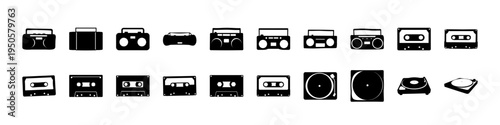 Retro Media Cassette and Tape Icons Set - Black silhouette icon collection featuring cassette tapes, tape players, reels, and retro audio media symbols isolated on white background.