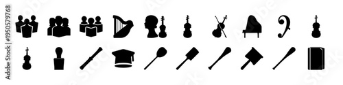 Mixed Music and Education Silhouette Icons - Black silhouette icon set featuring musical instruments, graduation cap, microphone, and tools representing music, education, and performance themes.