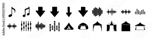 Music Arrows and Media Control Icon Set - Black silhouette icon collection with music notes, arrows, sound waves, and media interface symbols for audio navigation and multimedia design.