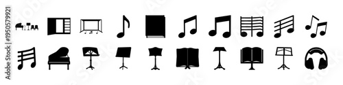 Music Instruments and Audio Equipment Icons - Black silhouette icon collection featuring piano, microphones, music notes, headphones, and audio equipment for music and media design.