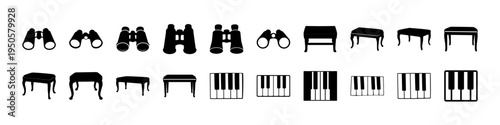 Piano Keyboard and Bench Silhouette Icons - Black silhouette icon set featuring piano keyboards, benches, and binocular symbols representing music instruments and viewing tools isolated on white.
