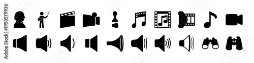 Media Player and Audio Control Icons Set - Black silhouette icon collection featuring media player controls, volume speakers, headphones, camera, and multimedia interface symbols isolated on white.