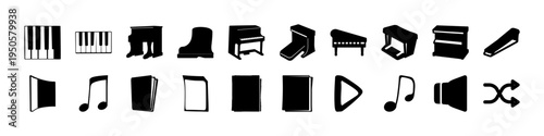 Music Media and Interface Icons Collection - Black silhouette icon set featuring music symbols, media controls, piano keyboard, notes, folders, and interface elements isolated on white background.