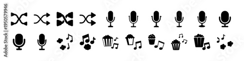 Audio Control and Microphone Icon Set - Black silhouette icon collection of audio controls, microphones, music notes, shuffle symbols, and sound elements for media player interfaces.