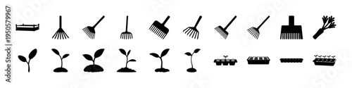 Black Gardening Tool and Plant Icons Set - Black silhouette icon collection showing gardening tools, seedlings, sprouts, and plant growth stages for agriculture, garden care, and botanical design.